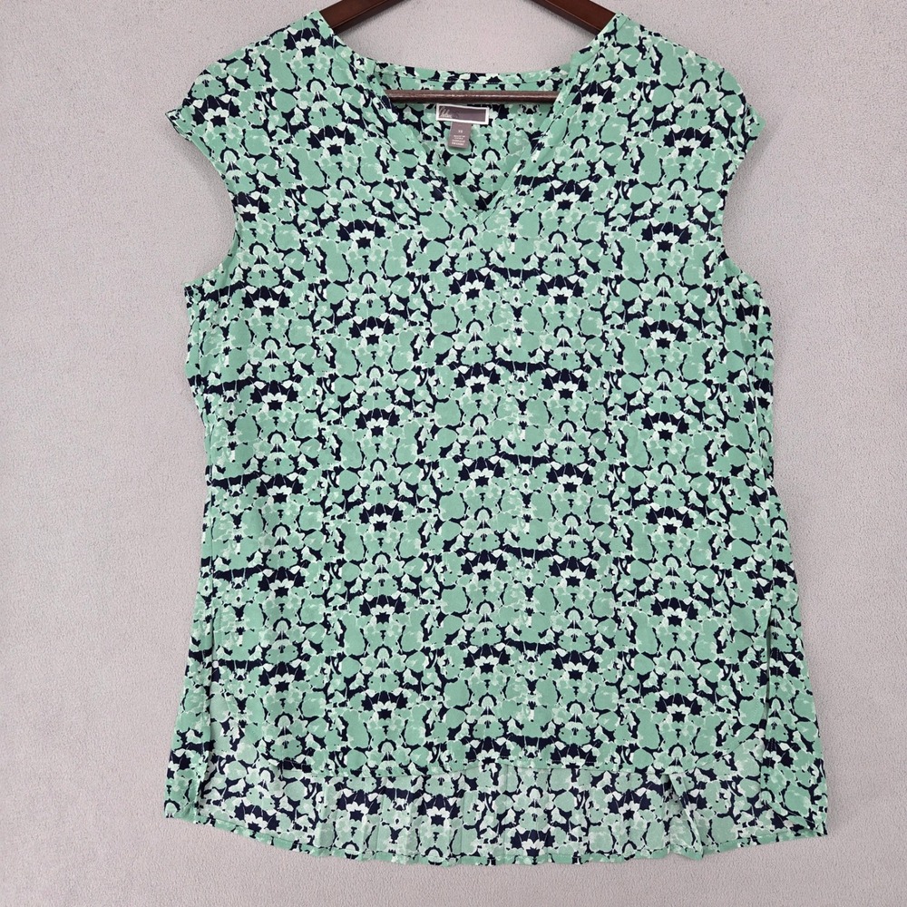 Chelsea28 Womens XS Blouse Green Navy Abstract Floral V-Neck Pleated Back Top